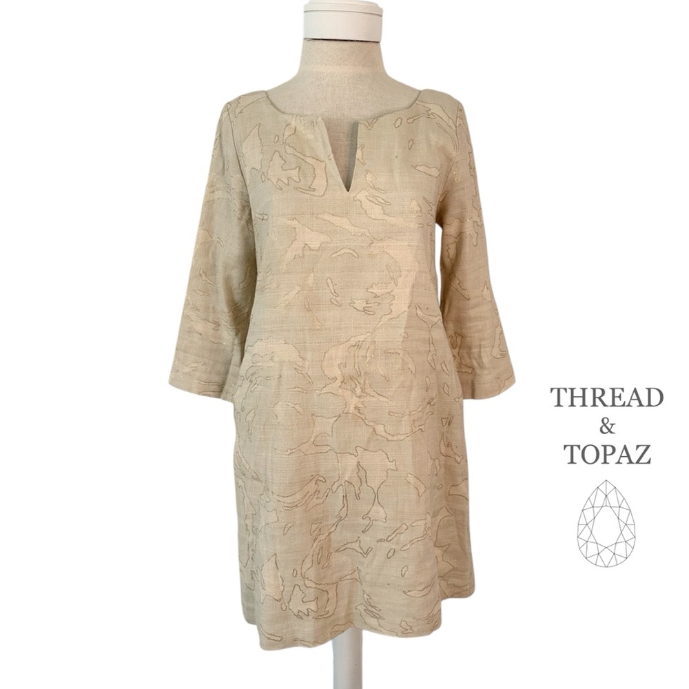 J. Crew Linen Silk Blend Gold Metallic Abstract Print Dress Size 4